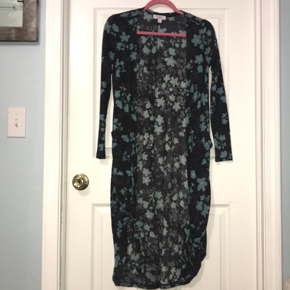 Grey and teal floral long duster